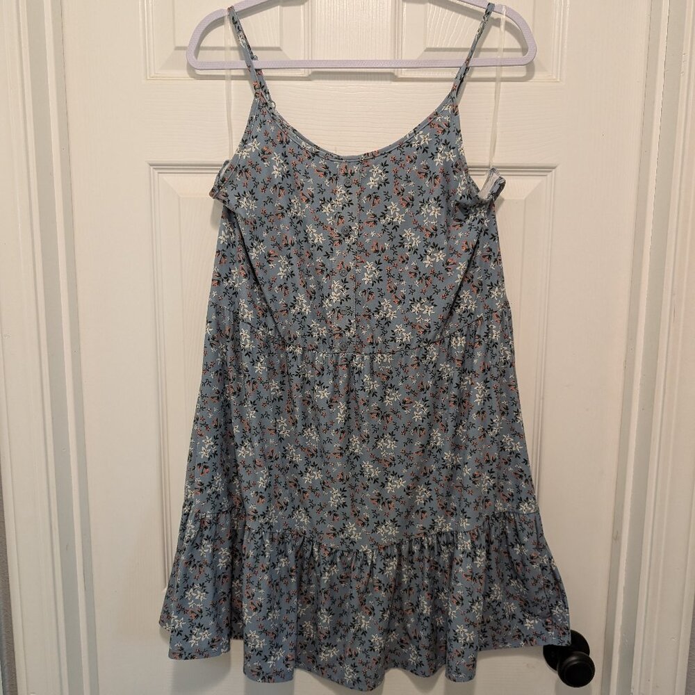 Light Blue Floral, Knee-Length Peasant Dress